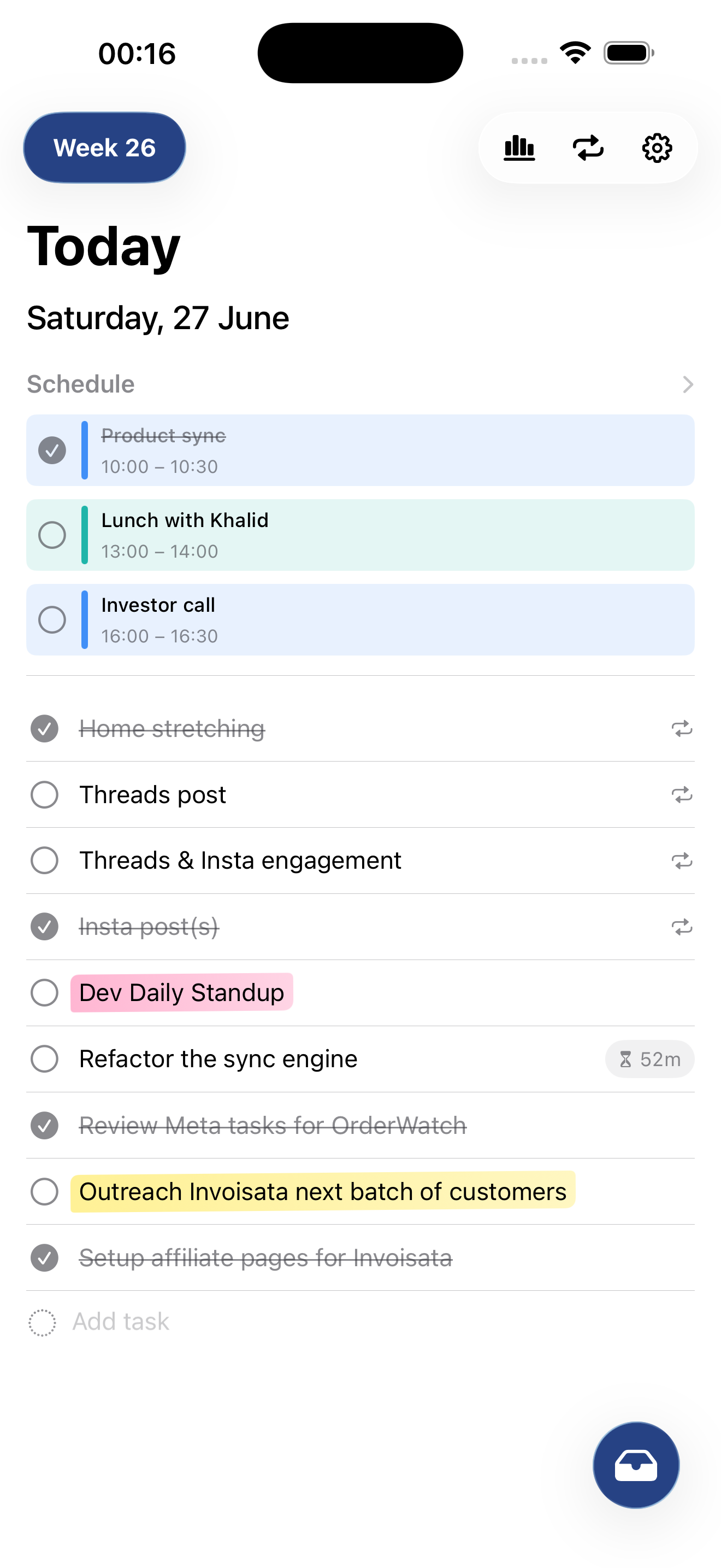 Weekr on iPhone — today with calendar and tasks