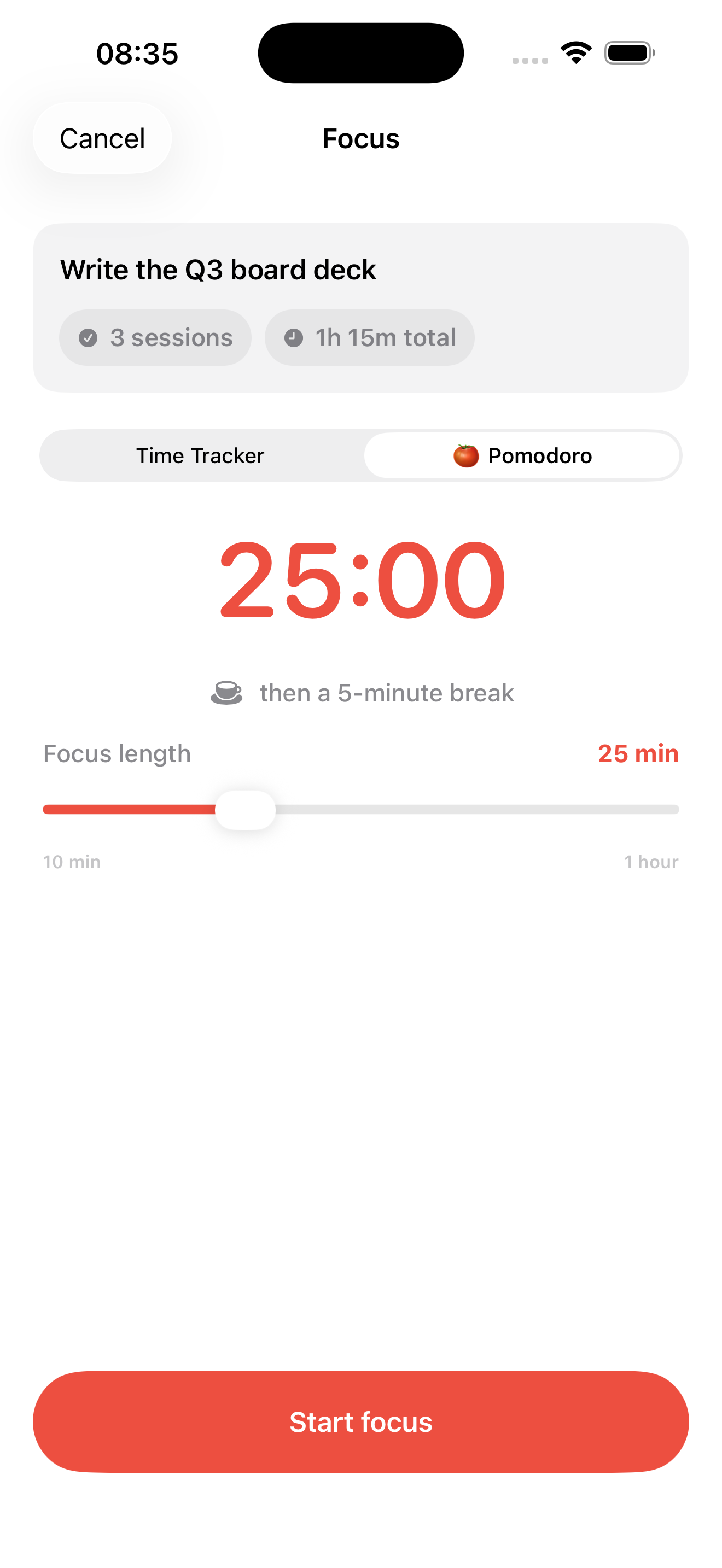 Weekr on iPhone — Pomodoro focus session