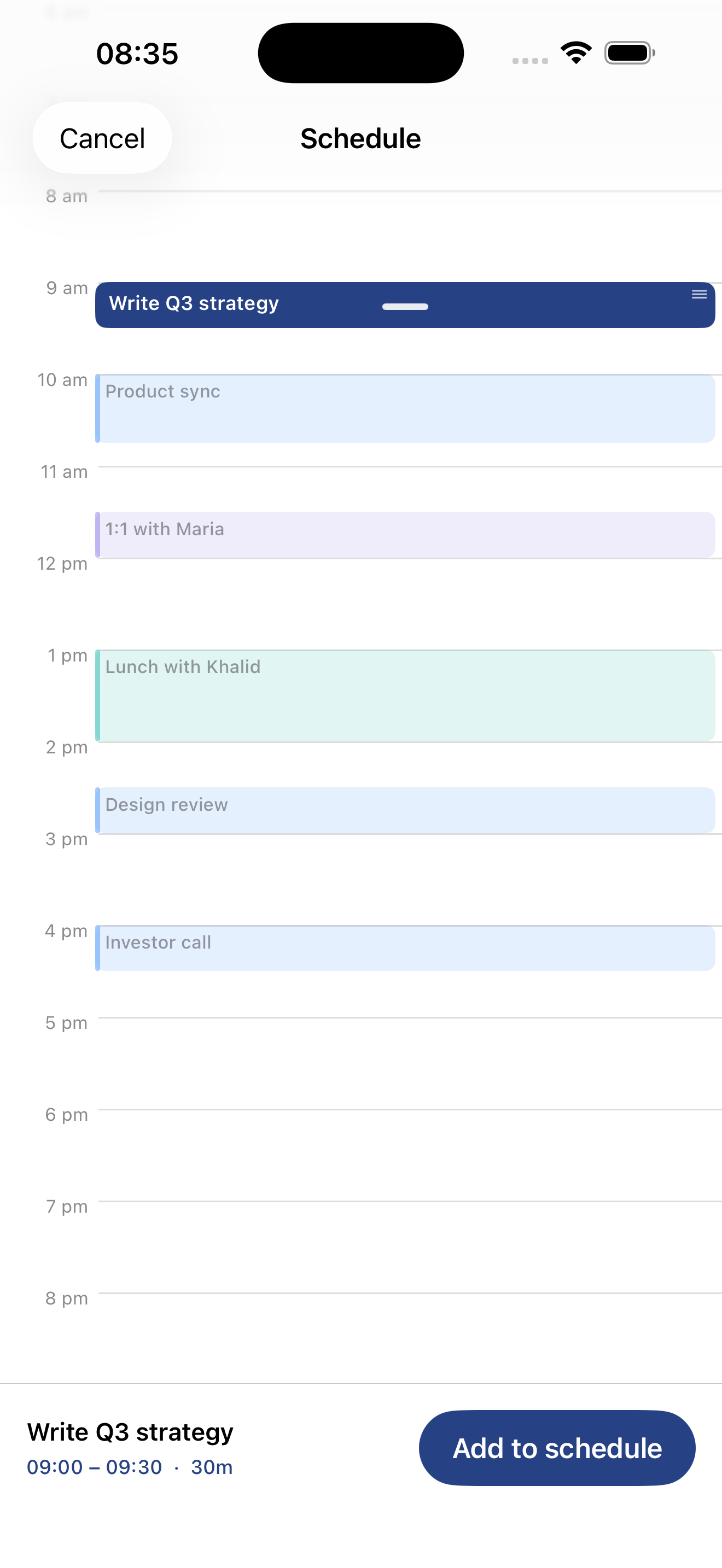 Weekr on iPhone — time-blocking the Schedule
