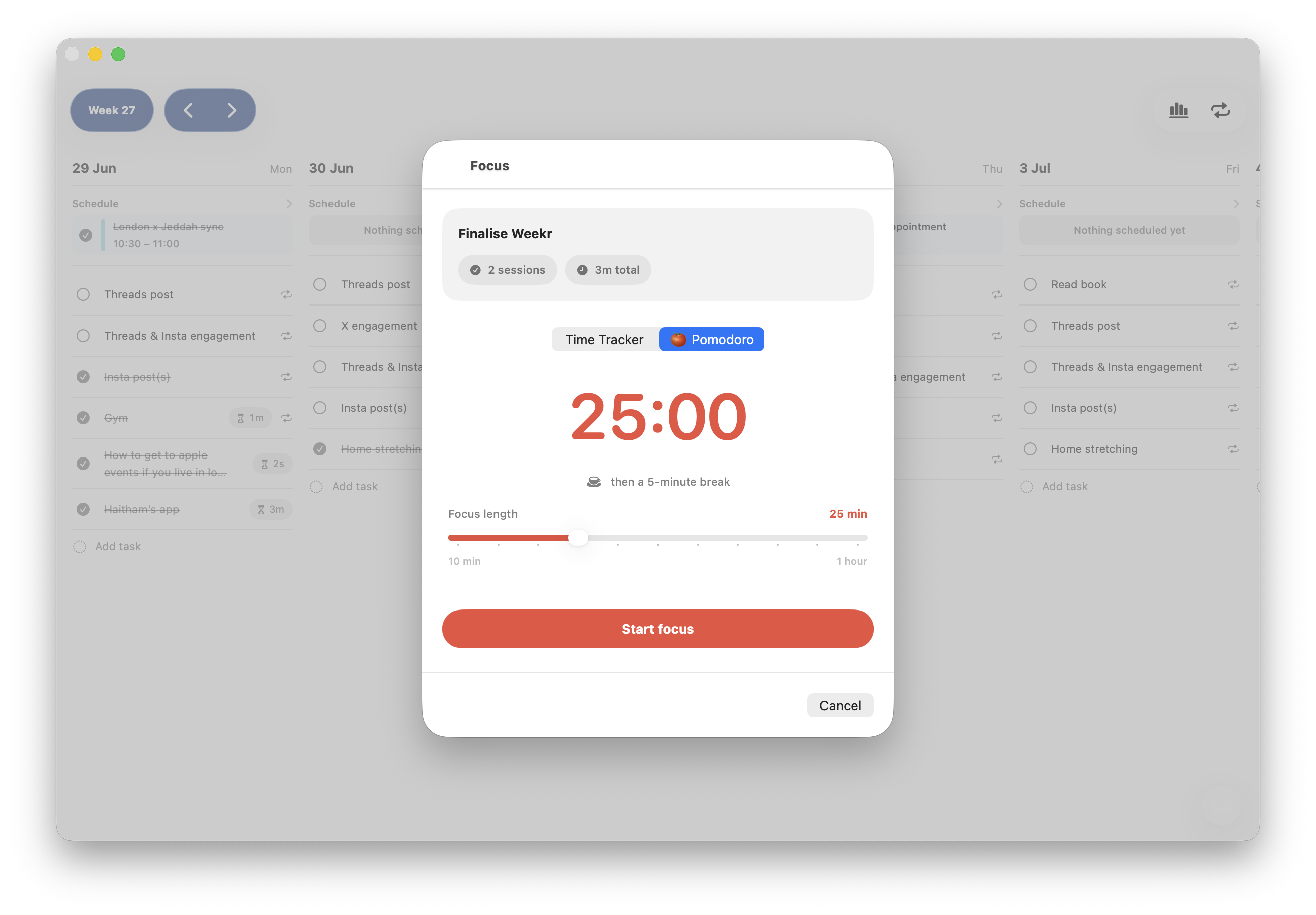 Weekr on Mac — Pomodoro focus session