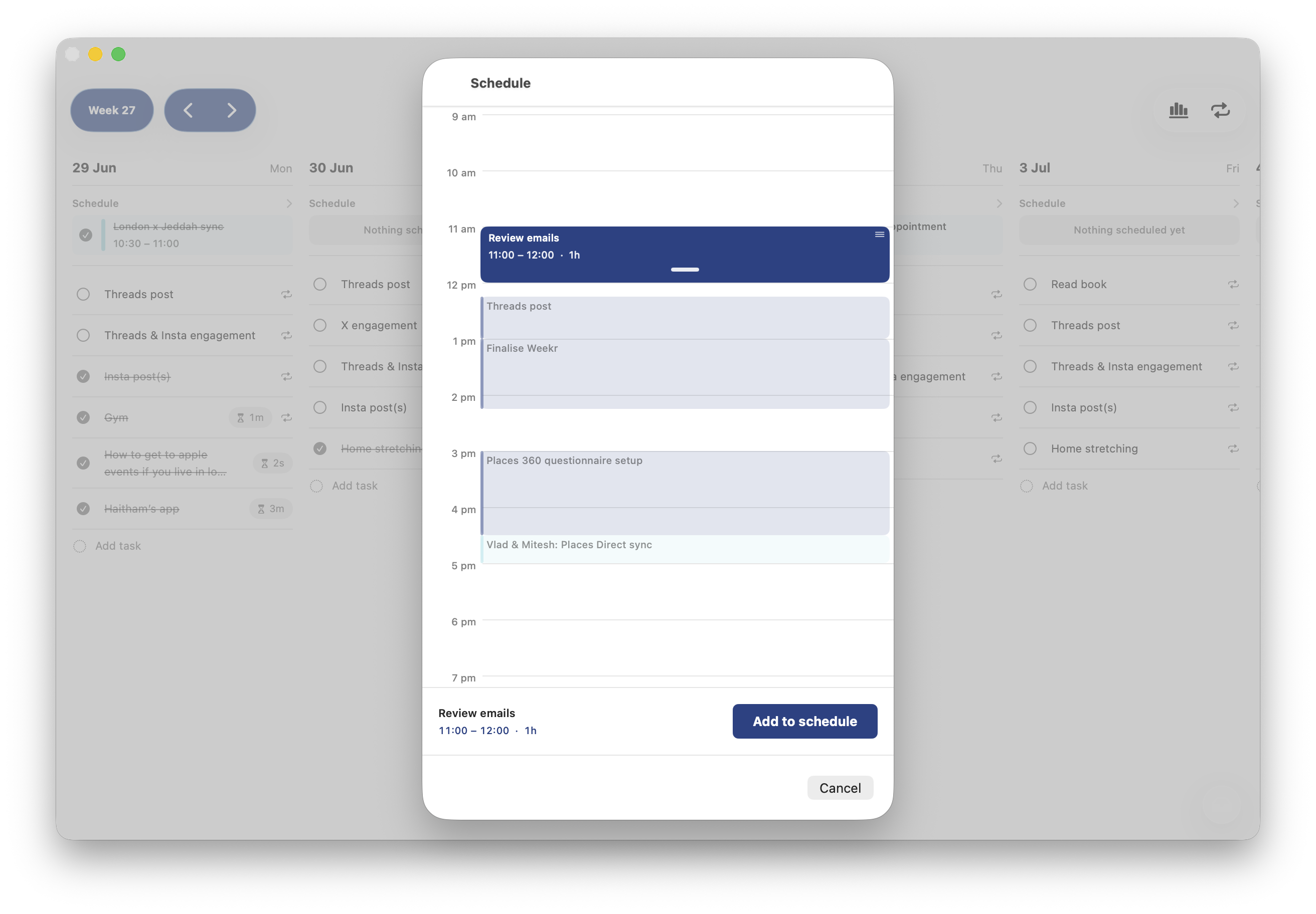 Weekr on Mac — time-blocking the Schedule